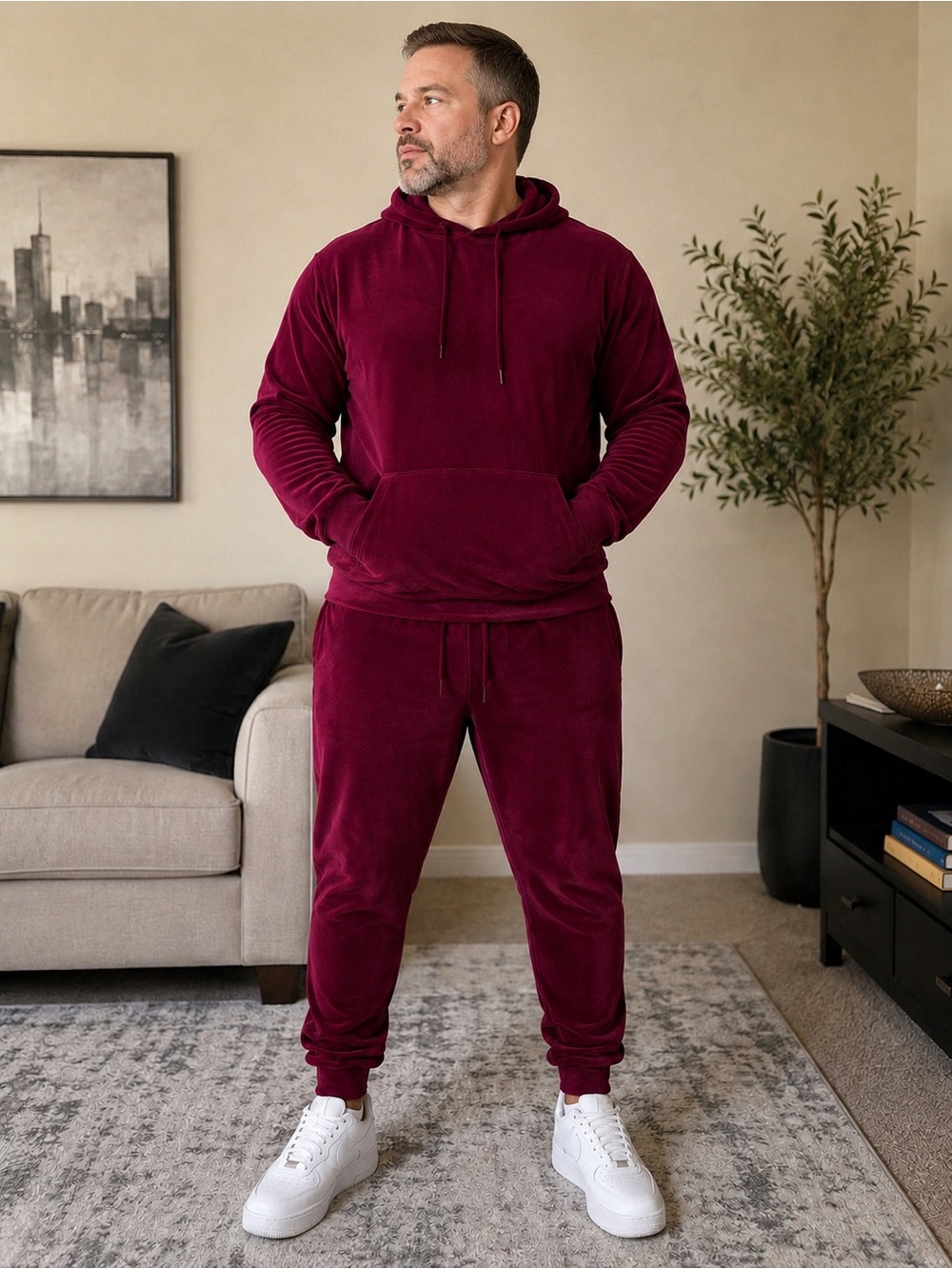 Fashion Nova Men's Velour Joggers in Burgundy
